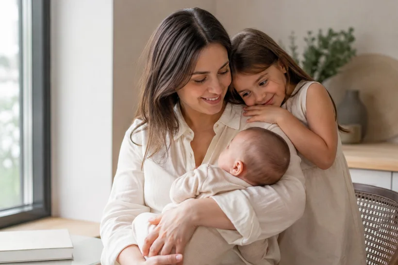 Mãe acolhendo seus filhos em um momento de cuidado