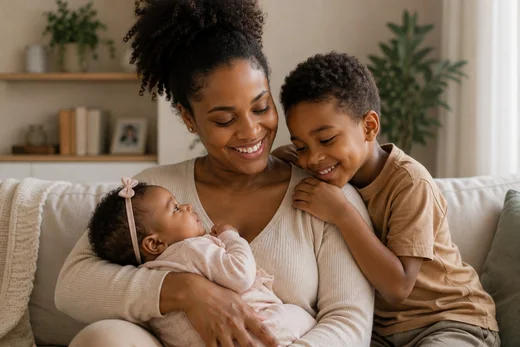 Mãe com seus dois filhos reunidos em família